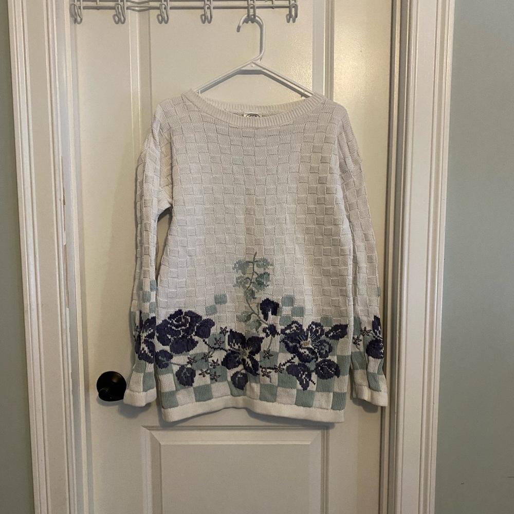 Laura Ashley Vintage Basket Weave Sweater with Floral Accents